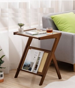 Bambusowy stolik z ratanową półką - ciemnobrązowy, długość 45 cm
