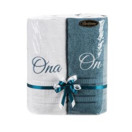 Komplet ręczników 2szt T/0408 biały niebieski On Ona zestaw upominkowy na prezent  